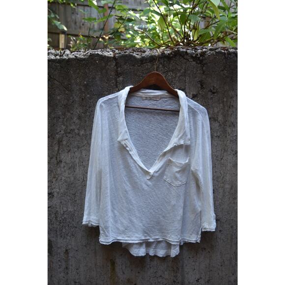 We The Free by Free People White Linen Cotton Collared V-Neck Top – Size M - Picture 1 of 5